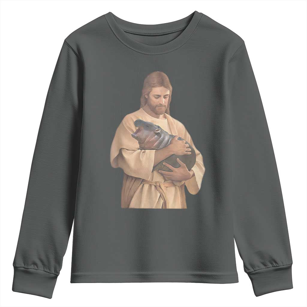 Jesus Loves Moo Deng Youth Sweatshirt Bouncy Pig Cute Pygmy Hippo Meme TS02 Dark Heather Print Your Wear
