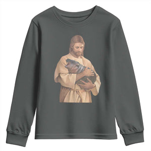 Jesus Loves Moo Deng Youth Sweatshirt Bouncy Pig Cute Pygmy Hippo Meme TS02 Dark Heather Print Your Wear