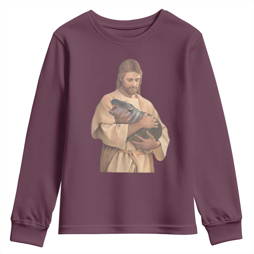 Jesus Loves Moo Deng Youth Sweatshirt Bouncy Pig Cute Pygmy Hippo Meme TS02 Maroon Print Your Wear