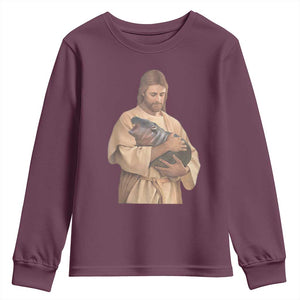 Jesus Loves Moo Deng Youth Sweatshirt Bouncy Pig Cute Pygmy Hippo Meme TS02 Maroon Print Your Wear