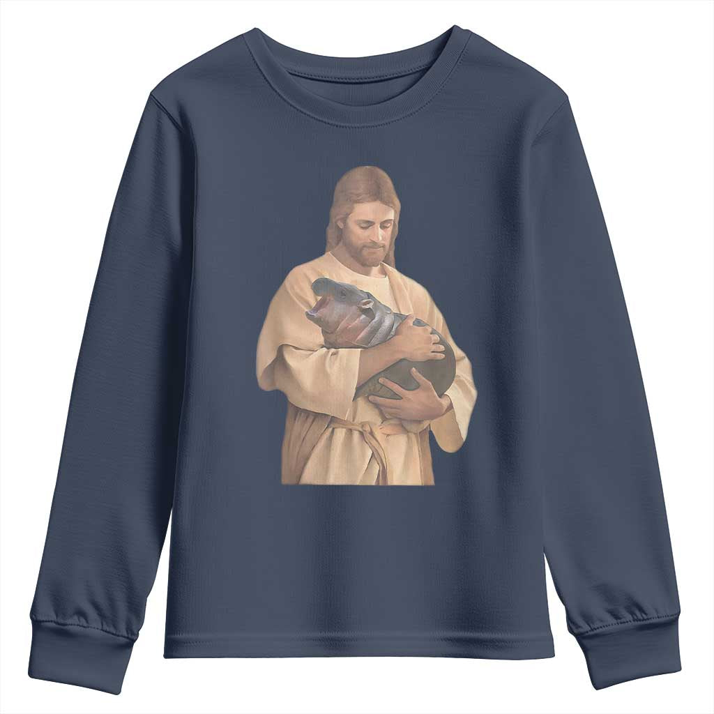 Jesus Loves Moo Deng Youth Sweatshirt Bouncy Pig Cute Pygmy Hippo Meme TS02 Navy Print Your Wear