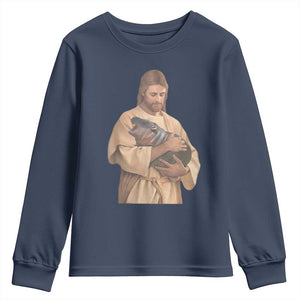 Jesus Loves Moo Deng Youth Sweatshirt Bouncy Pig Cute Pygmy Hippo Meme TS02 Navy Print Your Wear
