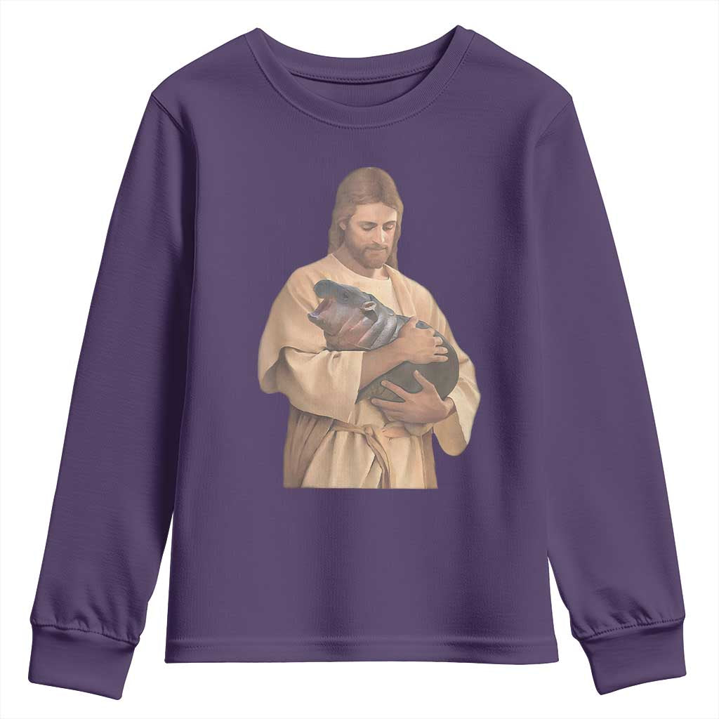 Jesus Loves Moo Deng Youth Sweatshirt Bouncy Pig Cute Pygmy Hippo Meme TS02 Purple Print Your Wear