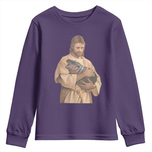 Jesus Loves Moo Deng Youth Sweatshirt Bouncy Pig Cute Pygmy Hippo Meme TS02 Purple Print Your Wear