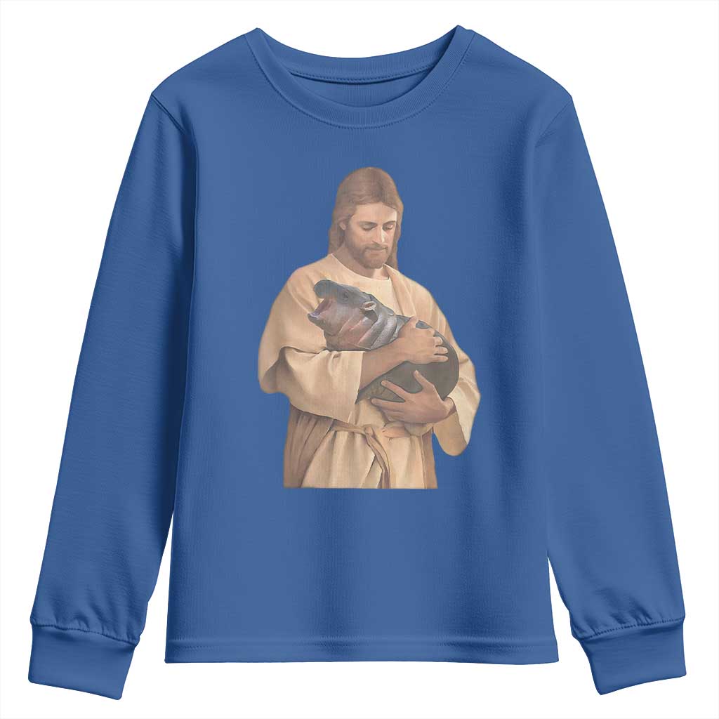 Jesus Loves Moo Deng Youth Sweatshirt Bouncy Pig Cute Pygmy Hippo Meme TS02 Royal Blue Print Your Wear