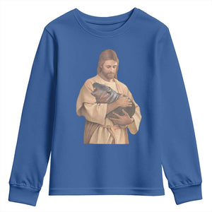 Jesus Loves Moo Deng Youth Sweatshirt Bouncy Pig Cute Pygmy Hippo Meme TS02 Royal Blue Print Your Wear
