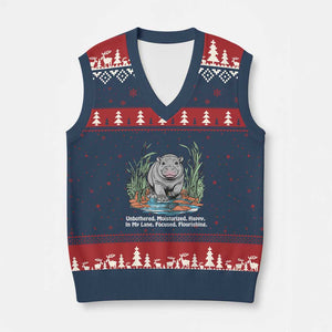 Baby Hippo Moo Deng V-Neck Knit Sweater Vest Unbothered Bouncy Pig Meme Cute Viral TS02 Navy Red Print Your Wear