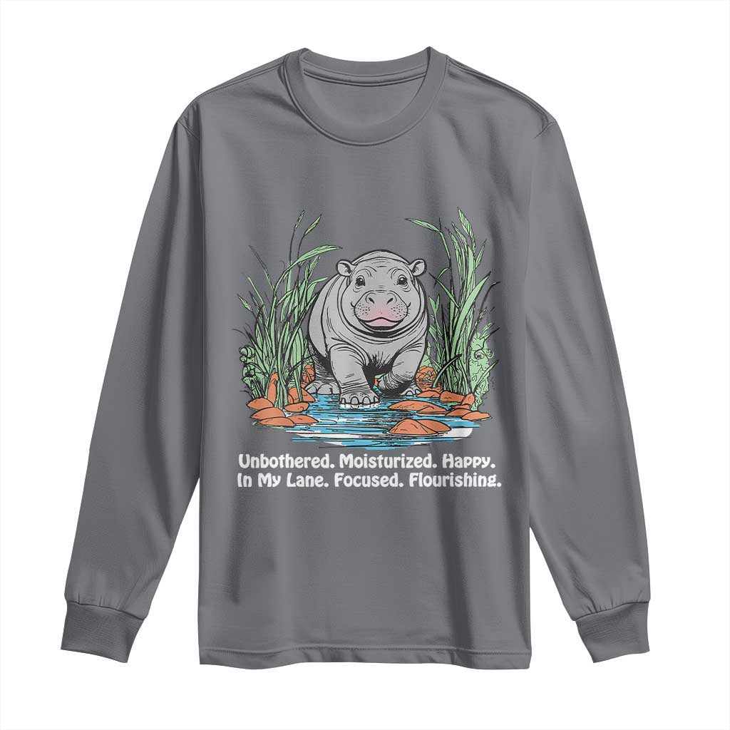 Baby Hippo Moo Deng Long Sleeve Shirt Unbothered Bouncy Pig Meme Cute Viral TS02 Charcoal Print Your Wear