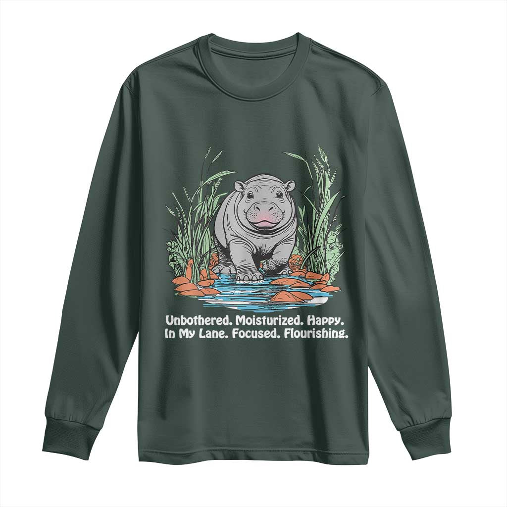 Baby Hippo Moo Deng Long Sleeve Shirt Unbothered Bouncy Pig Meme Cute Viral TS02 Dark Forest Green Print Your Wear