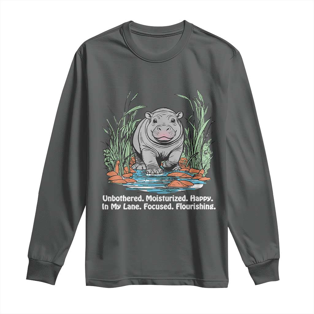 Baby Hippo Moo Deng Long Sleeve Shirt Unbothered Bouncy Pig Meme Cute Viral TS02 Dark Heather Print Your Wear
