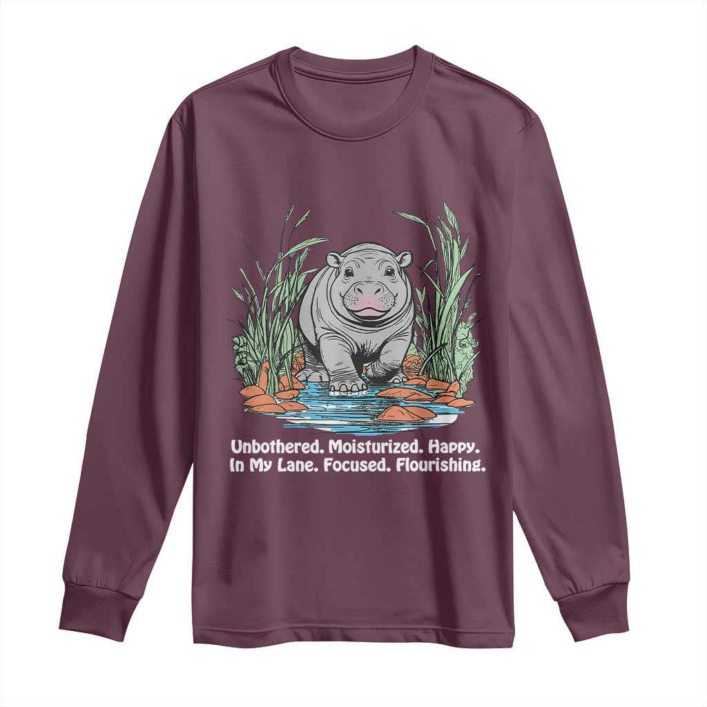 Baby Hippo Moo Deng Long Sleeve Shirt Unbothered Bouncy Pig Meme Cute Viral TS02 Maroon Print Your Wear