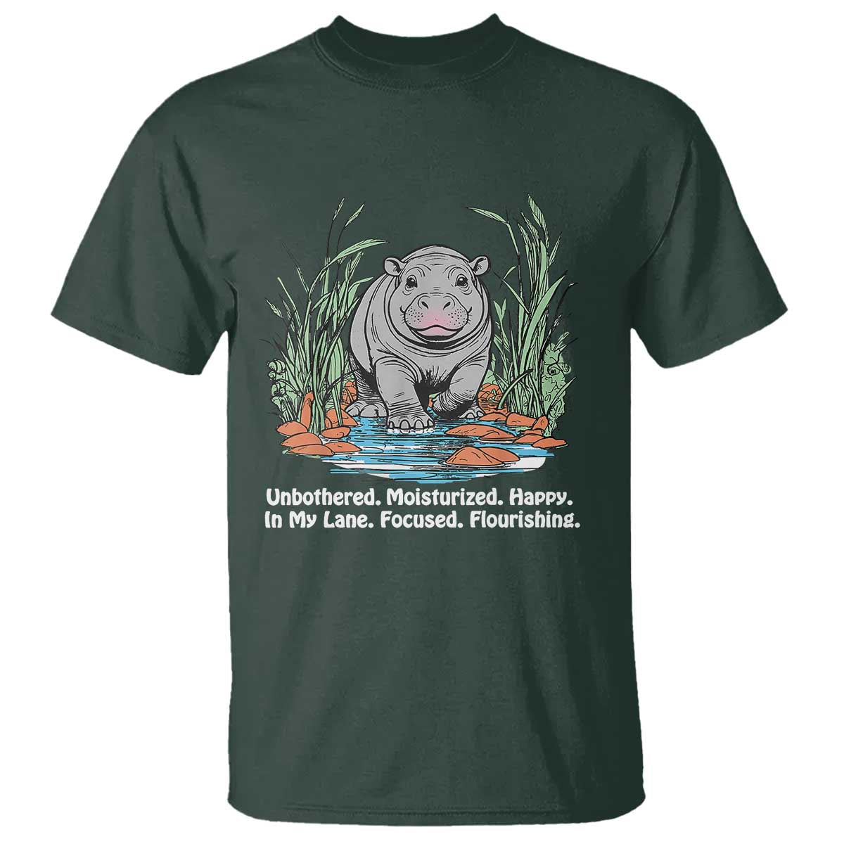 Baby Hippo Moo Deng T Shirt Unbothered Bouncy Pig Meme Cute Viral TS02 Dark Forest Green Print Your Wear