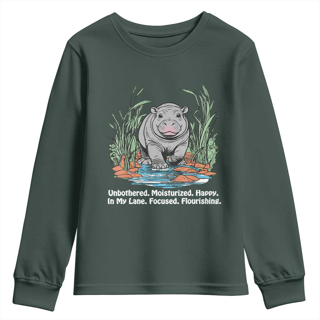 Baby Hippo Moo Deng Youth Sweatshirt Unbothered Bouncy Pig Meme Cute Viral TS02 Dark Forest Green Print Your Wear
