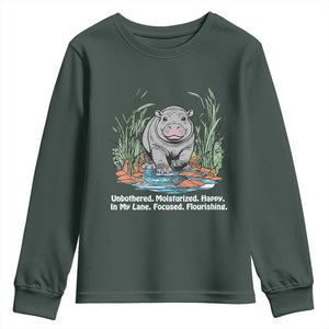 Baby Hippo Moo Deng Youth Sweatshirt Unbothered Bouncy Pig Meme Cute Viral TS02 Dark Forest Green Print Your Wear