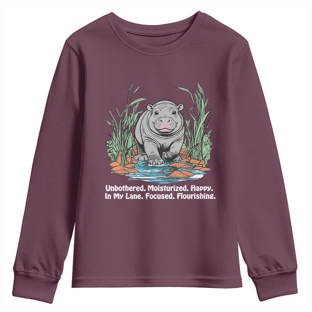 Baby Hippo Moo Deng Youth Sweatshirt Unbothered Bouncy Pig Meme Cute Viral TS02 Maroon Print Your Wear