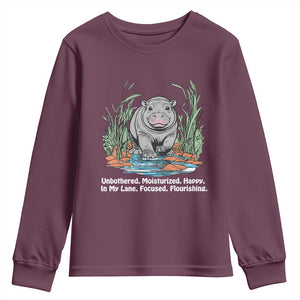Baby Hippo Moo Deng Youth Sweatshirt Unbothered Bouncy Pig Meme Cute Viral TS02 Maroon Print Your Wear