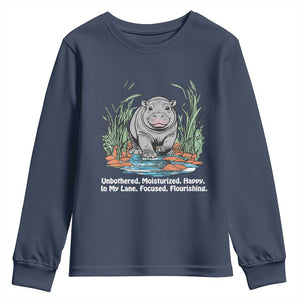 Baby Hippo Moo Deng Youth Sweatshirt Unbothered Bouncy Pig Meme Cute Viral TS02 Navy Print Your Wear