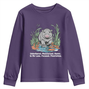 Baby Hippo Moo Deng Youth Sweatshirt Unbothered Bouncy Pig Meme Cute Viral TS02 Purple Print Your Wear