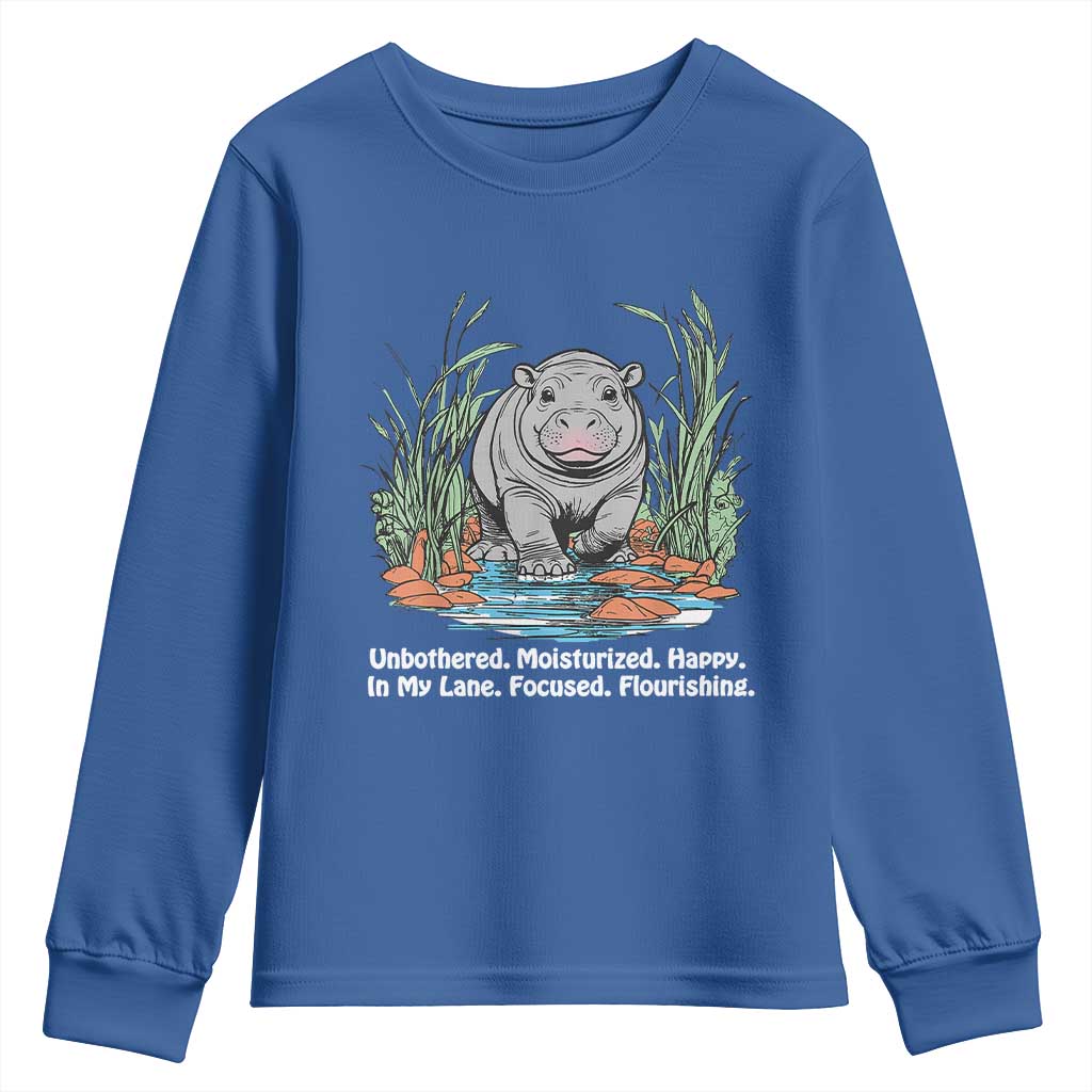Baby Hippo Moo Deng Youth Sweatshirt Unbothered Bouncy Pig Meme Cute Viral TS02 Royal Blue Print Your Wear