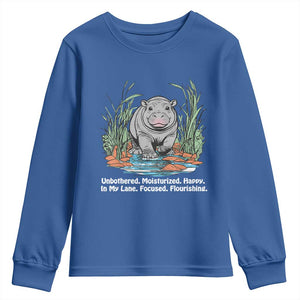 Baby Hippo Moo Deng Youth Sweatshirt Unbothered Bouncy Pig Meme Cute Viral TS02 Royal Blue Print Your Wear