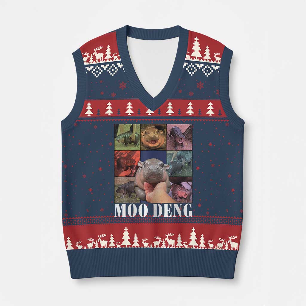 Baby Hippo Moo Deng V-Neck Knit Sweater Vest Pygmy Hippo Cute Zoo For Family TS02 Navy Red Print Your Wear