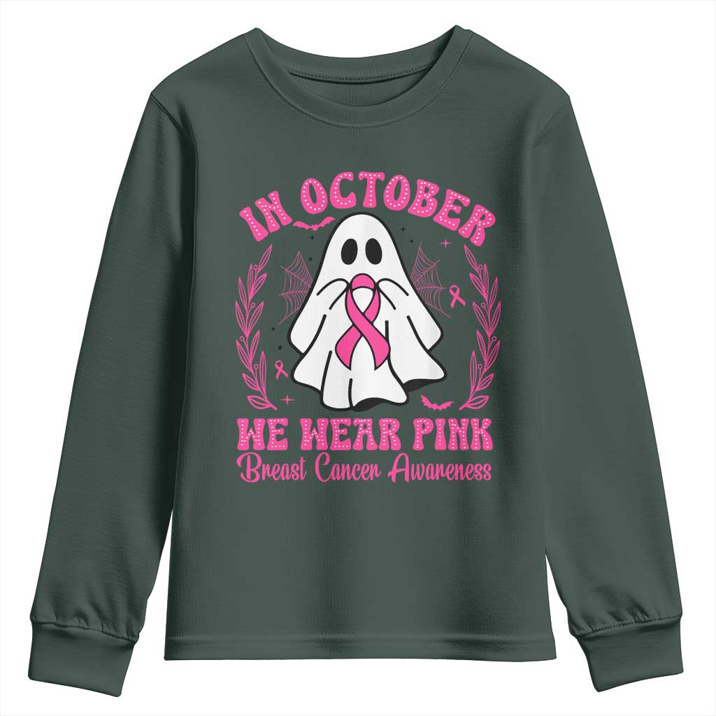Breast Cancer Awareness Youth Sweatshirt In October We Wear Pink TS02 Dark Forest Green Print Your Wear