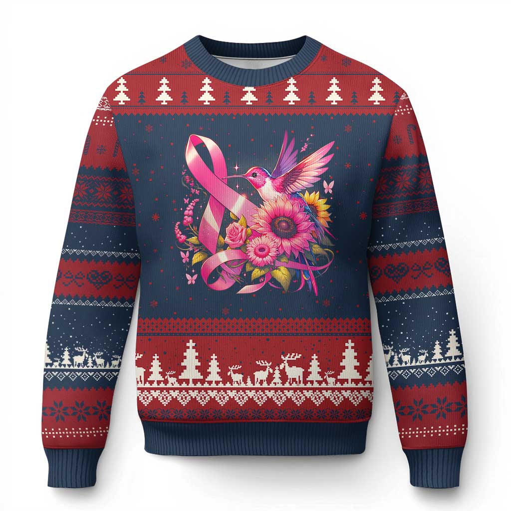 Breast Cancer Awareness Ugly Christmas Sweater Hummingbird Pink Ribbon Support TS02 Navy Red Print Your Wear