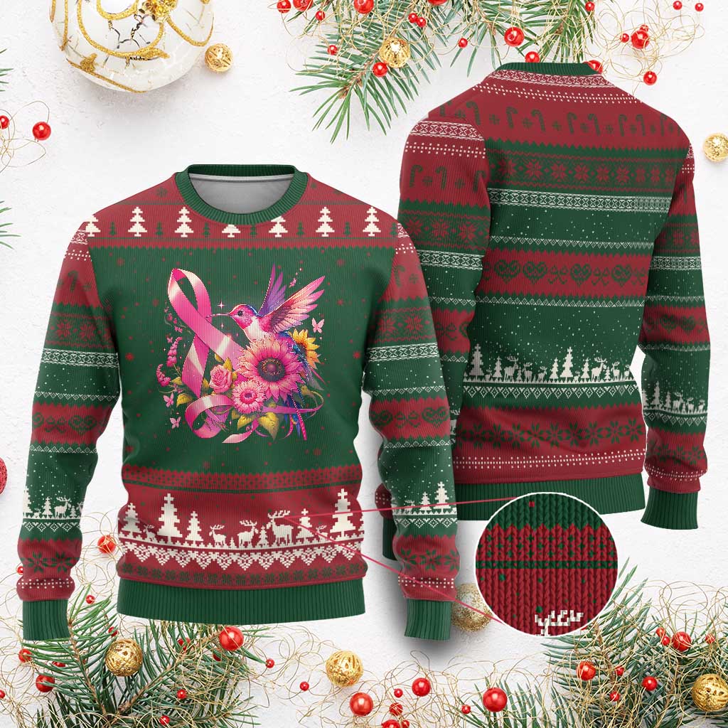 Breast Cancer Awareness Ugly Christmas Sweater Hummingbird Pink Ribbon Support TS02 Red Green Print Your Wear