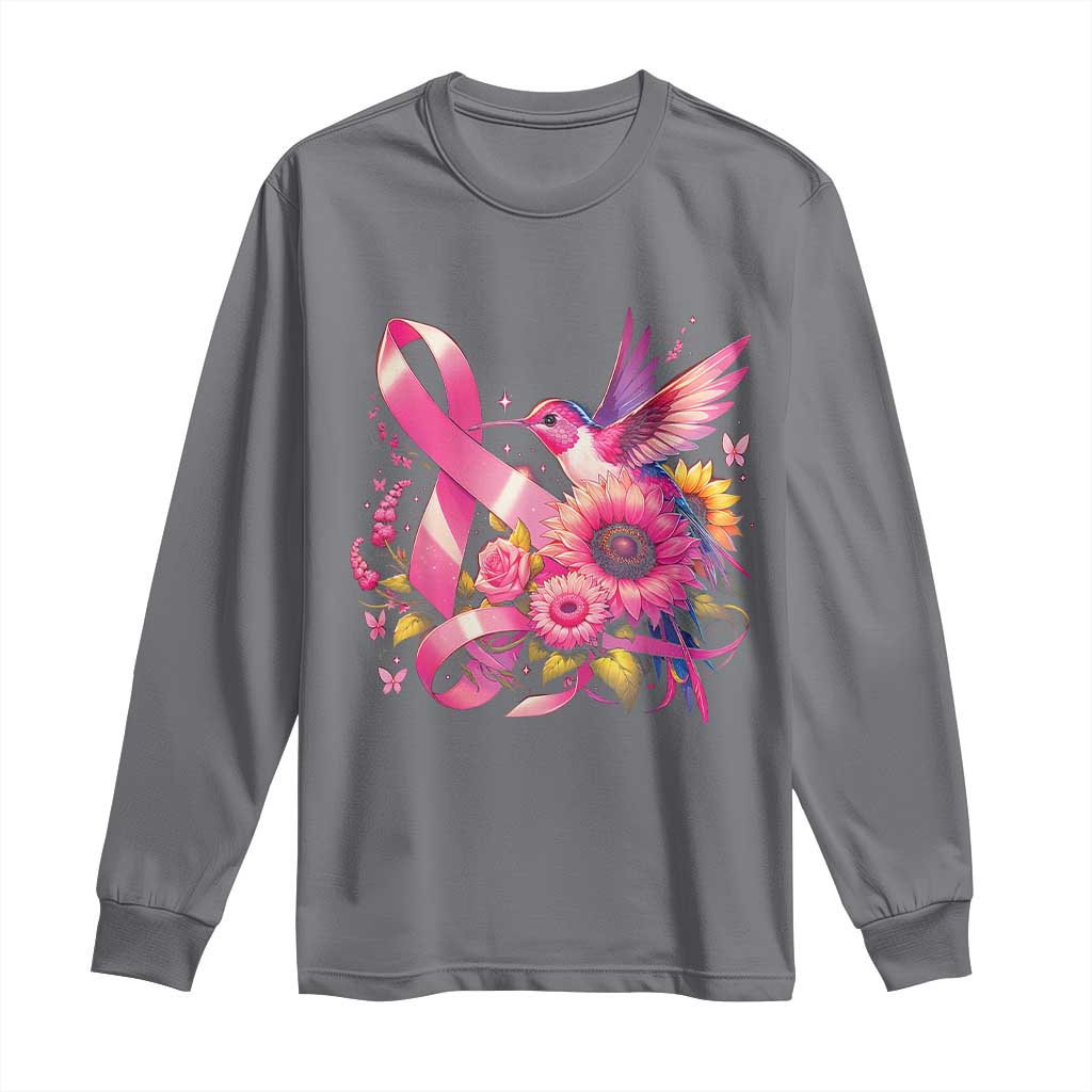 Breast Cancer Awareness Long Sleeve Shirt Hummingbird Pink Ribbon Support TS02 Charcoal Print Your Wear