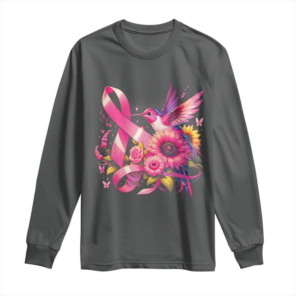 Breast Cancer Awareness Long Sleeve Shirt Hummingbird Pink Ribbon Support TS02 Dark Heather Print Your Wear