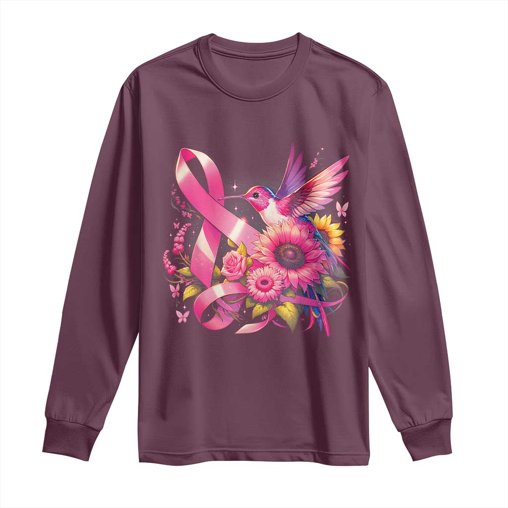 Breast Cancer Awareness Long Sleeve Shirt Hummingbird Pink Ribbon Support TS02 Maroon Print Your Wear