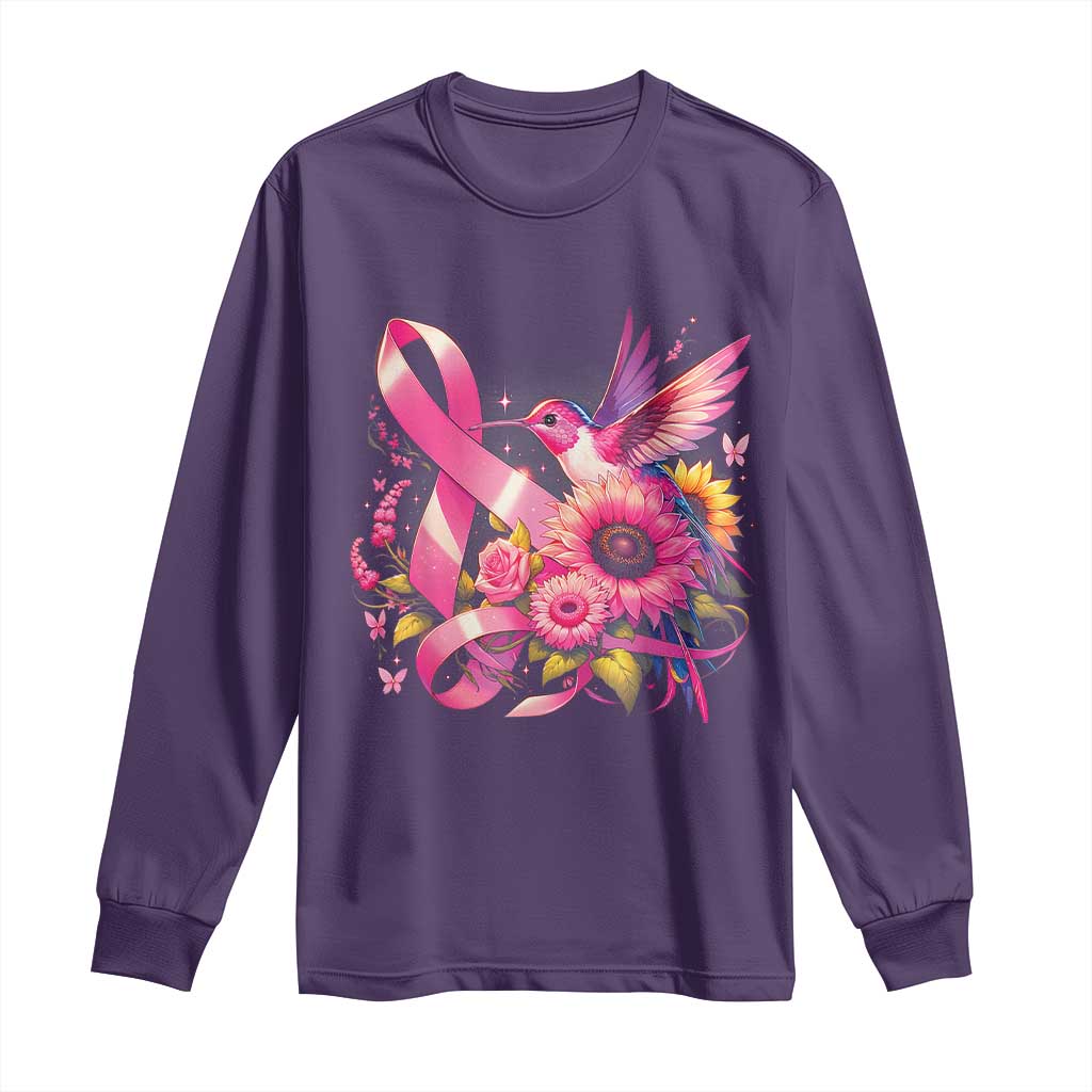 Breast Cancer Awareness Long Sleeve Shirt Hummingbird Pink Ribbon Support TS02 Purple Print Your Wear