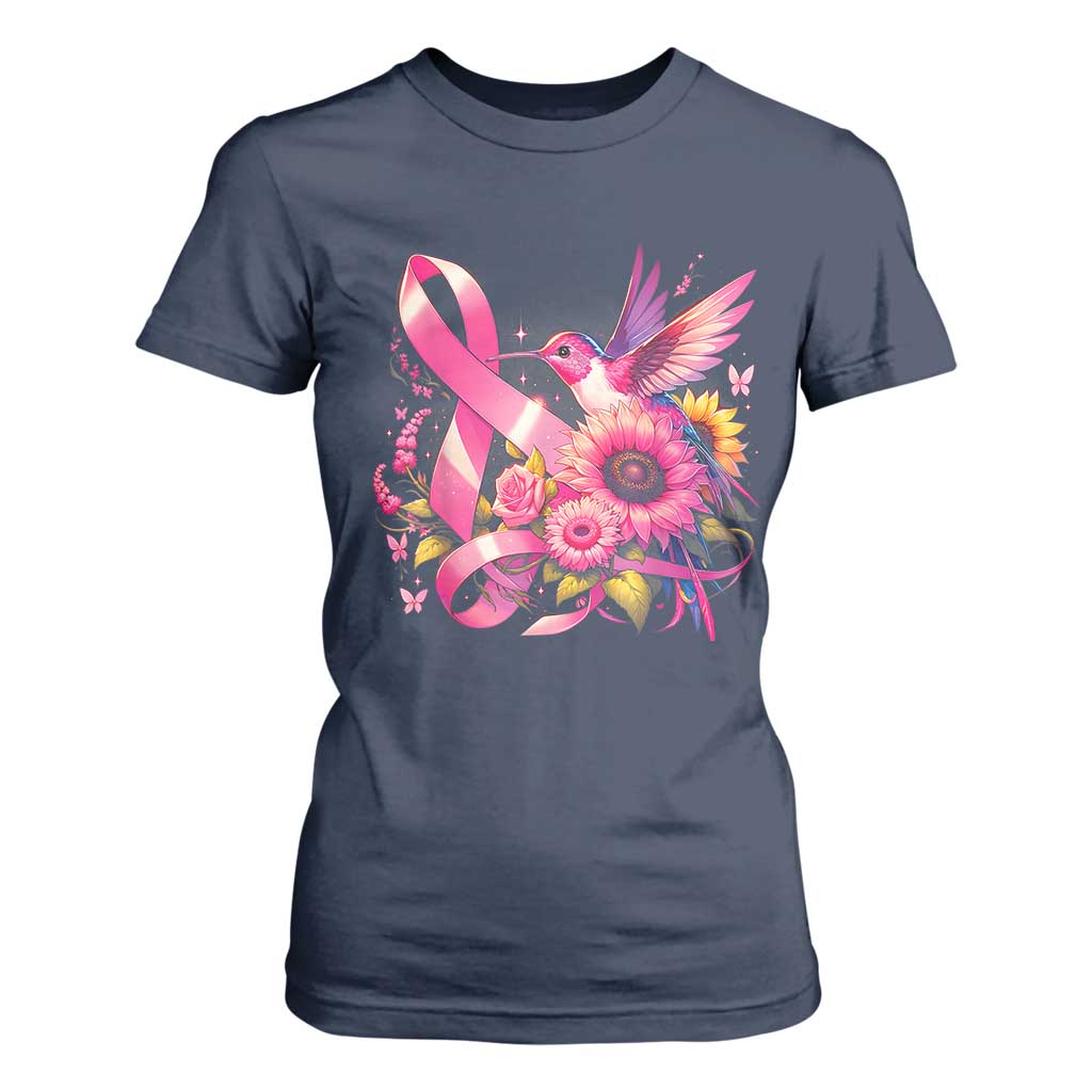 Breast Cancer Awareness T Shirt For Women Hummingbird Pink Ribbon Support TS02 Navy Print Your Wear