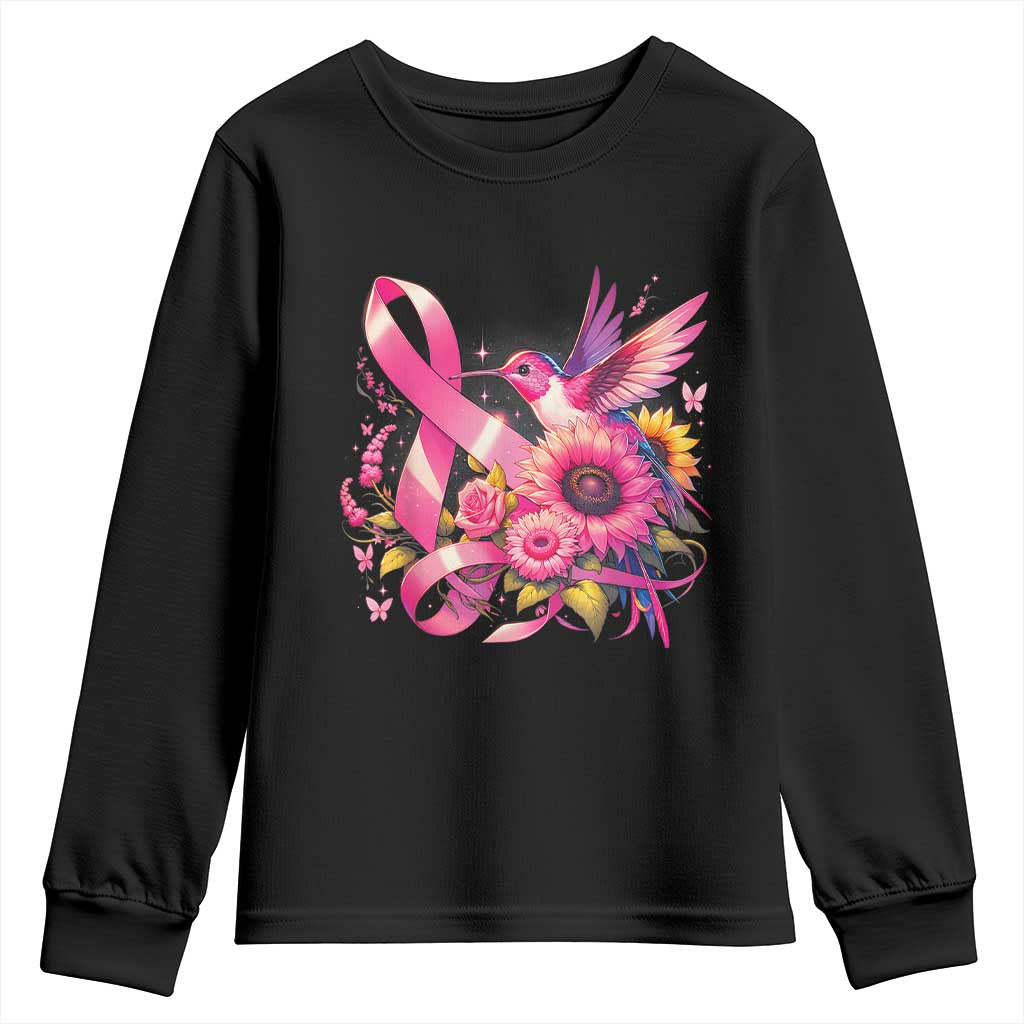 Breast Cancer Awareness Youth Sweatshirt Hummingbird Pink Ribbon Support TS02 Black Print Your Wear