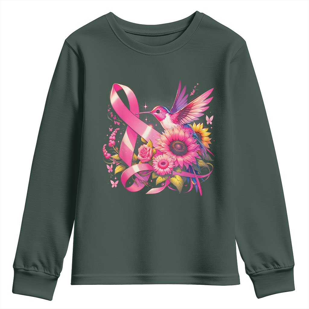 Breast Cancer Awareness Youth Sweatshirt Hummingbird Pink Ribbon Support TS02 Dark Forest Green Print Your Wear