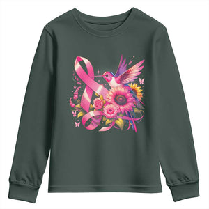 Breast Cancer Awareness Youth Sweatshirt Hummingbird Pink Ribbon Support TS02 Dark Forest Green Print Your Wear