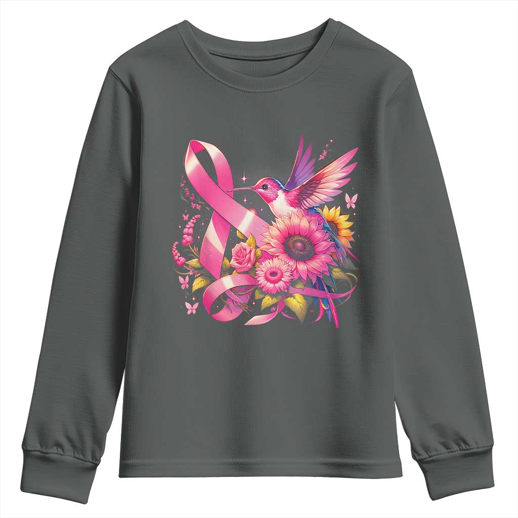 Breast Cancer Awareness Youth Sweatshirt Hummingbird Pink Ribbon Support TS02 Dark Heather Print Your Wear