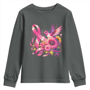 Breast Cancer Awareness Youth Sweatshirt Hummingbird Pink Ribbon Support TS02 Dark Heather Print Your Wear