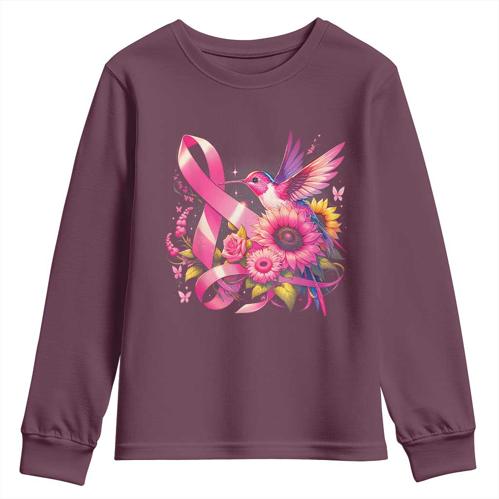 Breast Cancer Awareness Youth Sweatshirt Hummingbird Pink Ribbon Support TS02 Maroon Print Your Wear