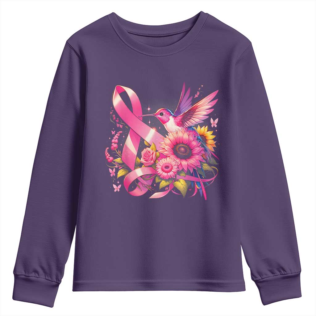 Breast Cancer Awareness Youth Sweatshirt Hummingbird Pink Ribbon Support TS02 Purple Print Your Wear