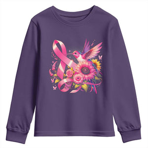 Breast Cancer Awareness Youth Sweatshirt Hummingbird Pink Ribbon Support TS02 Purple Print Your Wear