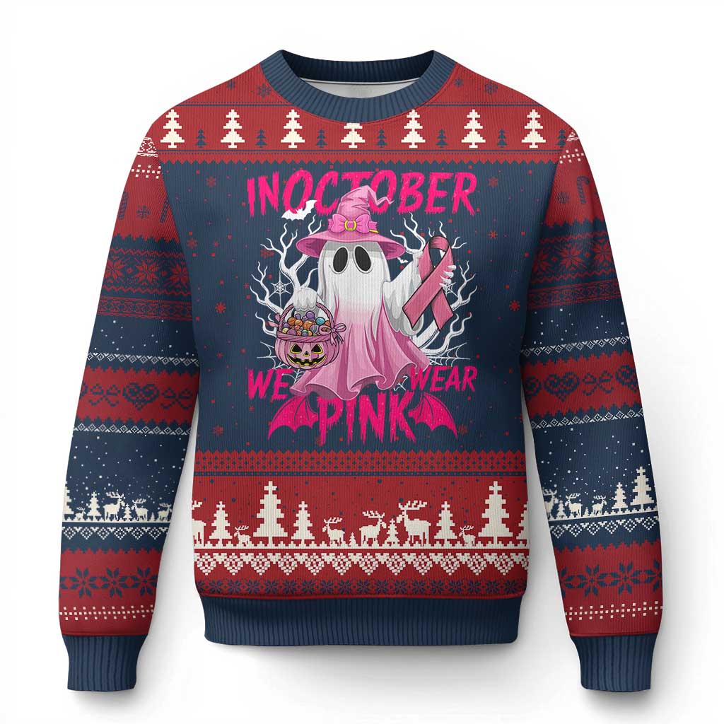 Breast Cancer Awareness Ugly Christmas Sweater In October We Wear Pink Ghost TS02 Navy Red Print Your Wear