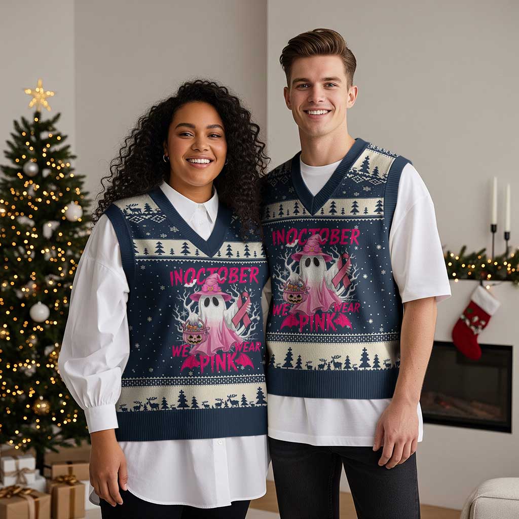 Breast Cancer Awareness V-Neck Knit Sweater Vest In October We Wear Pink Ghost TS02 Navy Beige Print Your Wear