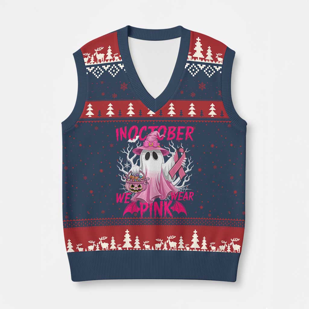 Breast Cancer Awareness V-Neck Knit Sweater Vest In October We Wear Pink Ghost TS02 Navy Red Print Your Wear