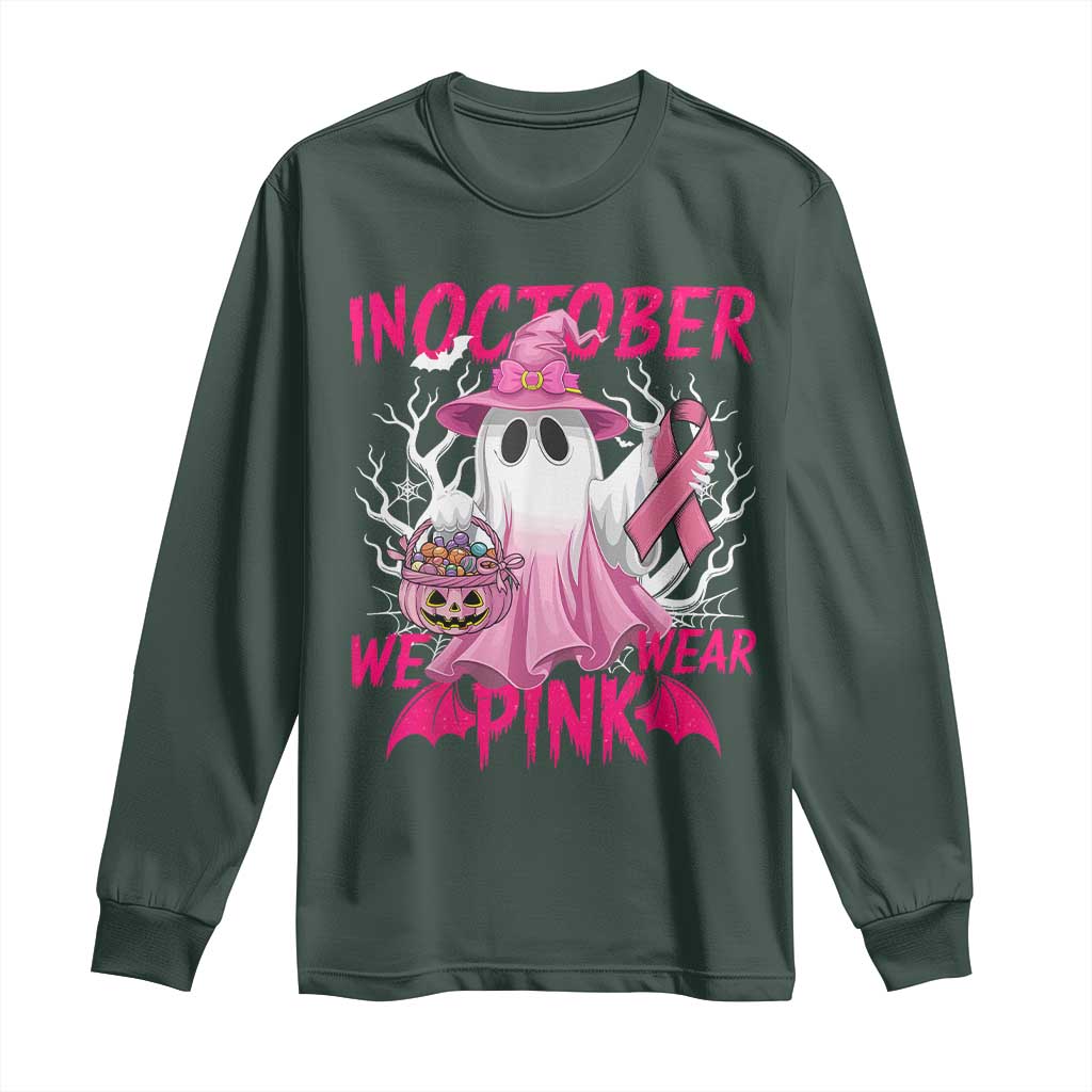 Breast Cancer Awareness Long Sleeve Shirt In October We Wear Pink Ghost TS02 Dark Forest Green Print Your Wear