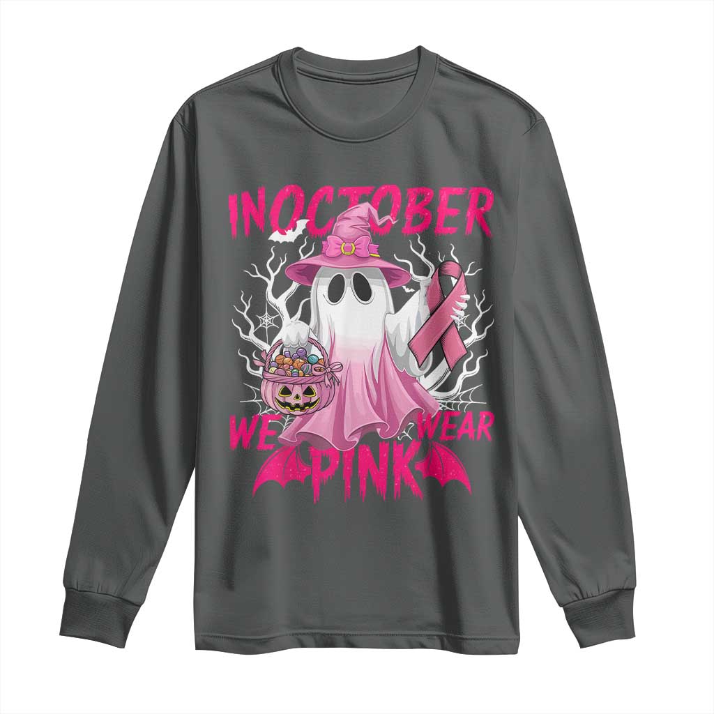 Breast Cancer Awareness Long Sleeve Shirt In October We Wear Pink Ghost TS02 Dark Heather Print Your Wear