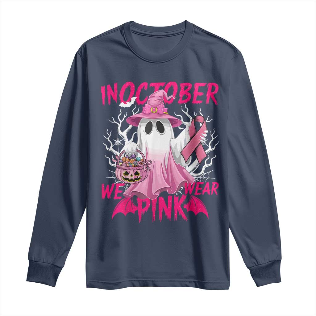 Breast Cancer Awareness Long Sleeve Shirt In October We Wear Pink Ghost TS02 Navy Print Your Wear