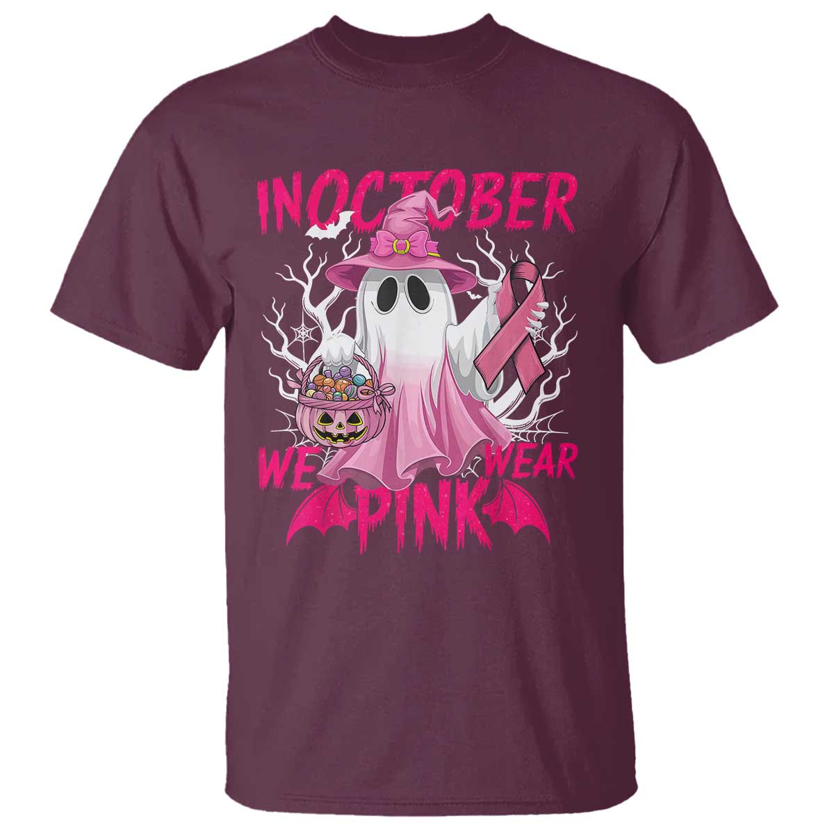 Breast Cancer Awareness T Shirt In October We Wear Pink Ghost TS02 Maroon Print Your Wear