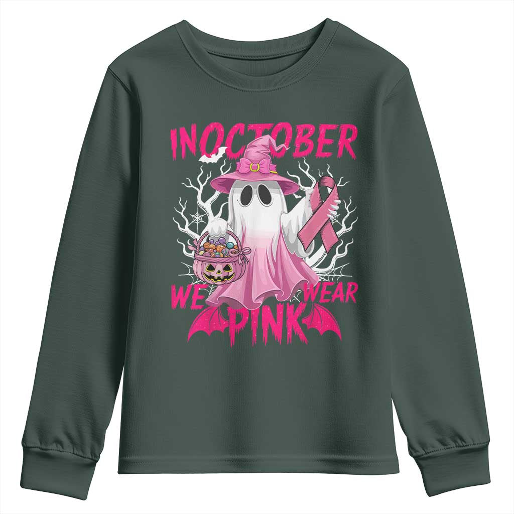 Breast Cancer Awareness Youth Sweatshirt In October We Wear Pink Ghost TS02 Dark Forest Green Print Your Wear
