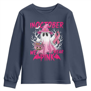 Breast Cancer Awareness Youth Sweatshirt In October We Wear Pink Ghost TS02 Navy Print Your Wear